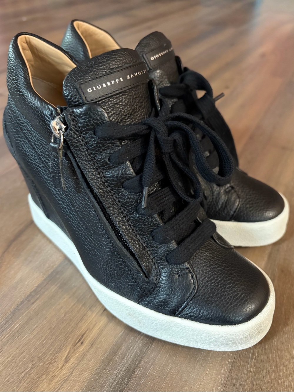 Giuseppe Zanotti Black Leather Wedge HighTop Sneakers White Sole Zip Italy 39.5